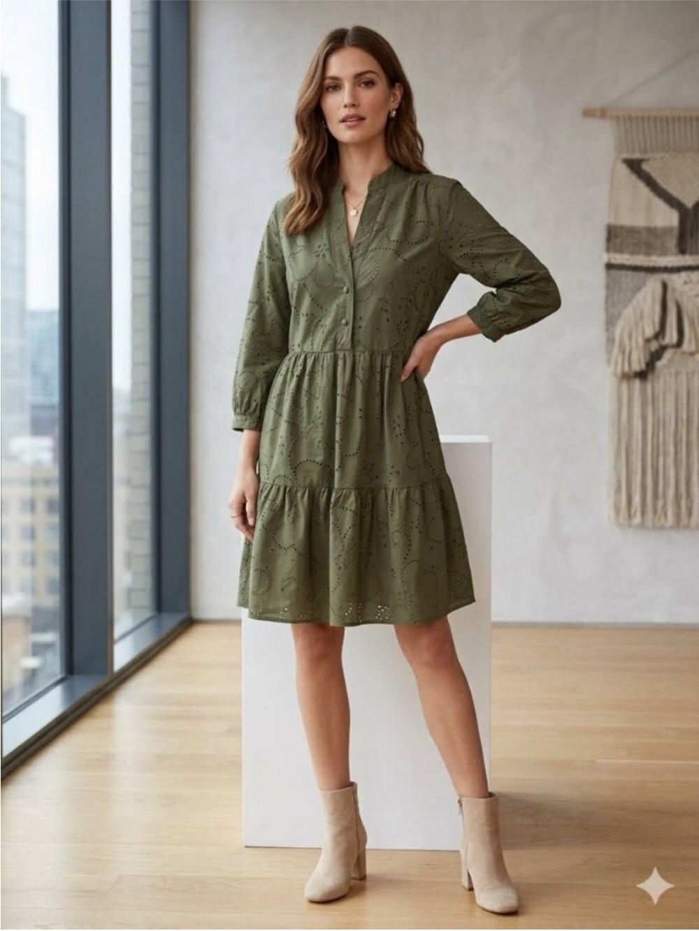 Zara  Green Cotton  Eyelet Tiered Mini Dress S